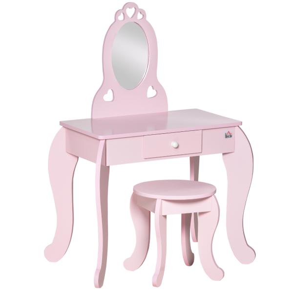Toucador Infantil com Banco e Espelho Estilo Princesa Mesa de Maquilhagem Infantil com Gaveta 60x36x88cm Rosa