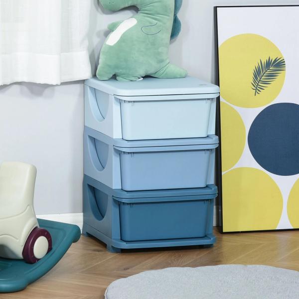 Organizador de Brinquedos Infantil para crianças acima de 3 anos com 3 Gavetas e Alças amplo espaço de armazenamento para Roupas Livros brinquedos 37x37x56,5 cm Azul