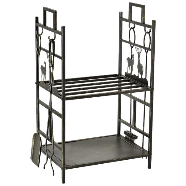 Suporte para Lenha de Ferro Forjado de 2 Níveis com 4 Ferramentas para Interior e Exterior 51,5x33x77 cm Preto e Dourado