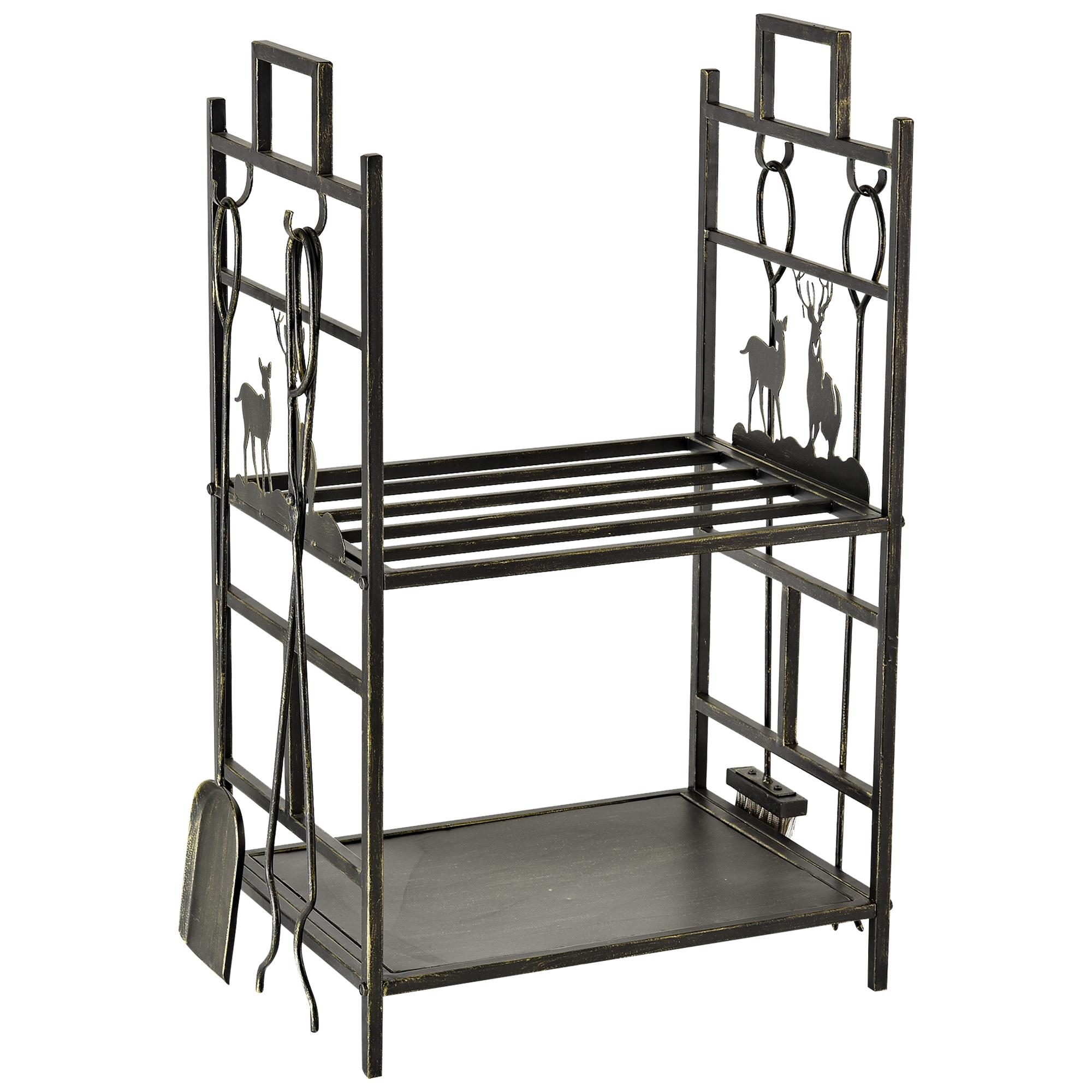 Suporte para Lenha de Ferro Forjado de 2 Níveis com 4 Ferramentas para Interior e Exterior 51,5x33x77 cm Preto e Dourado