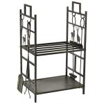 Suporte para Lenha de Ferro Forjado de 2 Níveis com 4 Ferramentas para Interior e Exterior 51,5x33x77 cm Preto e Dourado