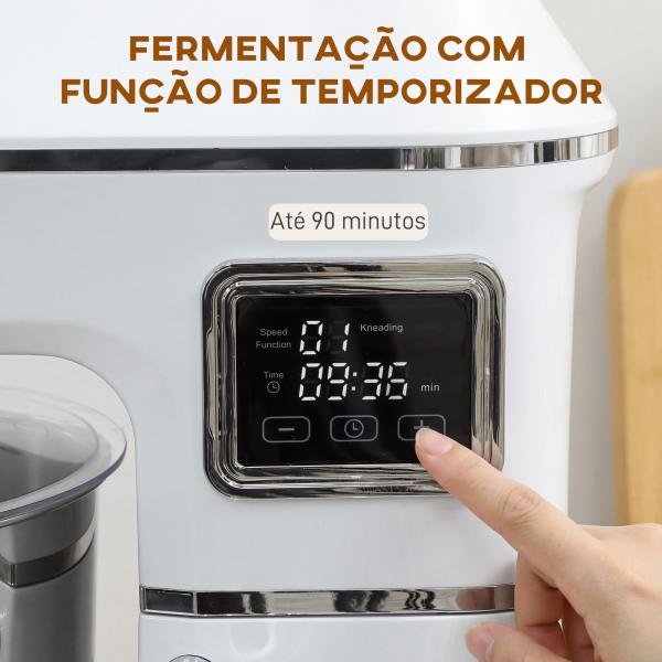 Batedeira Planetária 6L 1400W com Cabeçal Inclinável, 6 Velocidades, Função de Fermentação, Ecrã LED, Branco