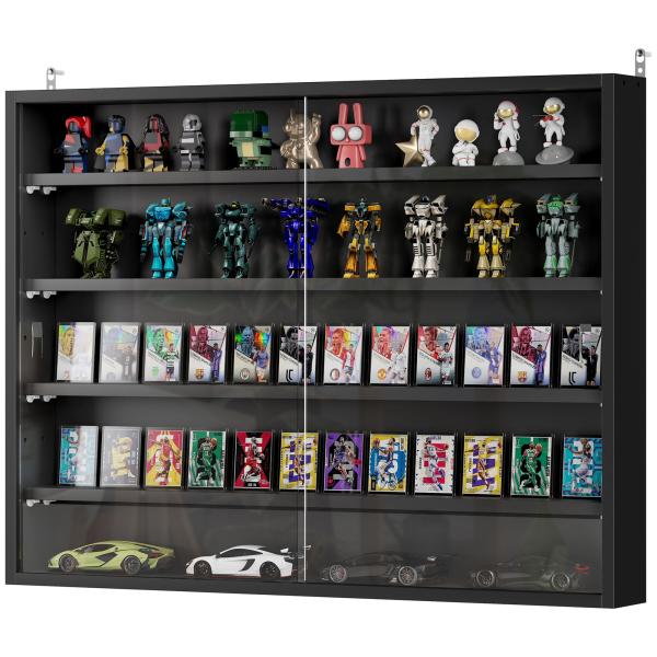 Vitrine de Parede de Madeira com Prateleiras Ajustáveis e 2 Portas Corredeiras de Vidro para Coleções Perfumes 80x9,5x60cm Preto