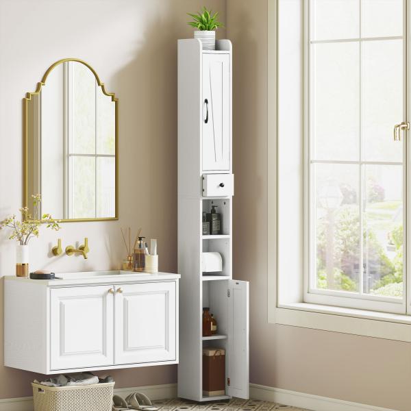 Coluna Casa de Banho com Compartimento Aberto Prateleiras Ajustáveis e Suporte para Papel Higiênico 20x20x185 cm Branco