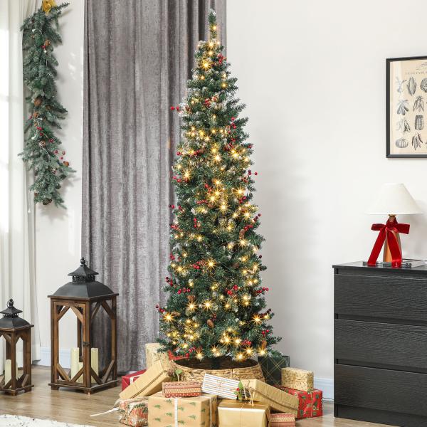 Árvore de Natal Slim 210 cm com Luzes LED 8 Modos de Iluminação 656 Ramos com Purpurina Prateada Pinhas e Bagas Verde