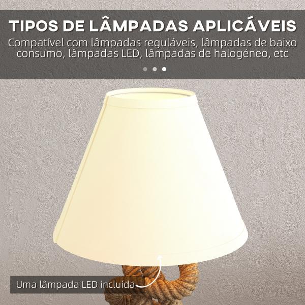 Candeeiro de Mesa LED com Base de Metal Corda de Linho e Ecrã de Tecido Suporte para Lâmpada E27 Ø28x45,5 cm Marrom Bege