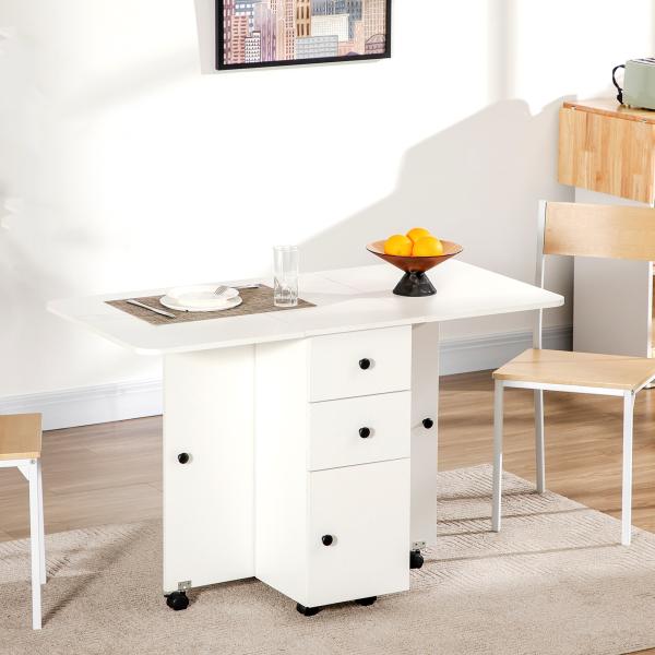 Mesa Dobrável c/ 2 Gavetas e Rodas para Jantar Mesa Auxiliar Multifuncional 120x60x76,5cm Branco