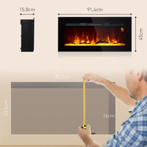 Lareira Elétrica de Parede, Aquecedor 1800W, Chama LED 3D, Cristais, 3 Cores, 5 Níveis de Brilho, Comando, Temporizador, Ecrã Tátil, Preto