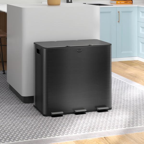Papelera de Cozinha em Aço Inoxidável com 3 Compartimentos 3x15L com Pedais, Tampas de Fecho Suave e Balde Removível Preto