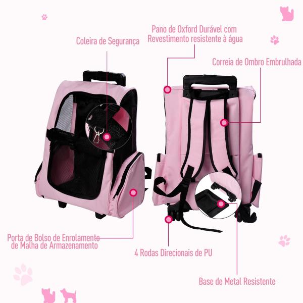 Transportadora 2 em 1 para Animais de Estimação Mochila ou Carrinho de Viagem para Cães e Gatos com 2 Rodas Alça Retrátil de Alumínio e Bolso de Armazenamento 42x25x55cm Rosa