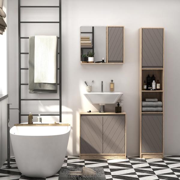 Armário Alto para Banheiro com 2 Portas e 2 Prateleiras Abertas Móveis Auxiliares para Sala de Estar Corredor 30x24x170 cm Carvalho e Cinza
