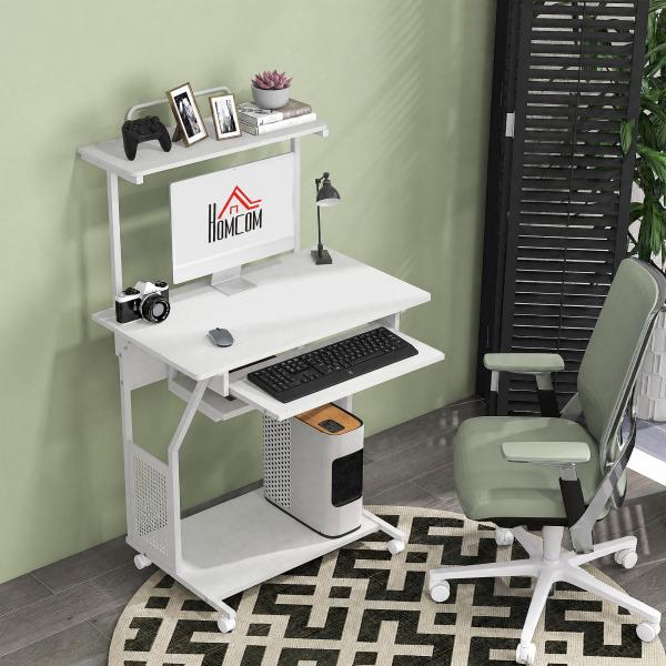 Secretária para Computador com Rodas, Bandeja para Teclado, Suporte para CPU e Prateleiras 80x50x130 cm Branco