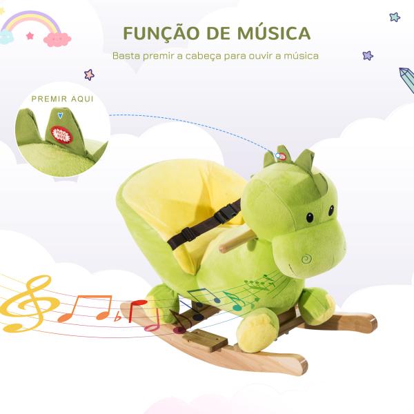 Cavalo de Baloiço em Forma de Dinossauro de Pélucia para Bebés 18 - 36 Meses com Sons Cinto de Segurança Guiador e Apoio para os Pés 60x33x45cm Verde