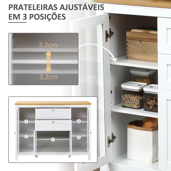 Aparador de Cozinha com Armário 2 Gavetas 2 Portas de Vidro e Prateleiras Ajustáveis Móvel Auxiliar de Armazenamento para Sala de Jantar Sala de Estar 120x40x90 cm Branco
