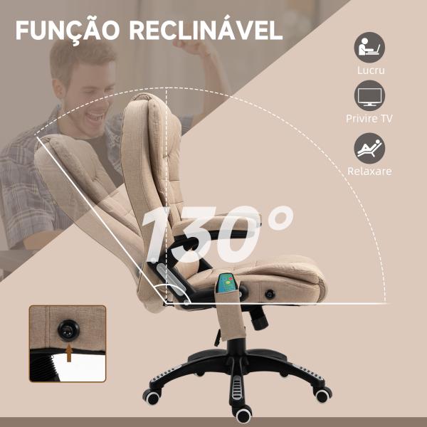 Cadeira de Escritório com Massagem 6 Pontos Reclinável até 130° com Função de Aquecimento 67x74x107 - 116 cm Castanho Claro