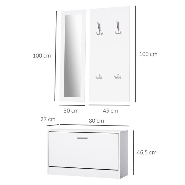 Móvel Cabide de Entrada de 3 Peças Armário de Entrada com Cabide Espelho e Sapateira 80x27x46,5cm Branco