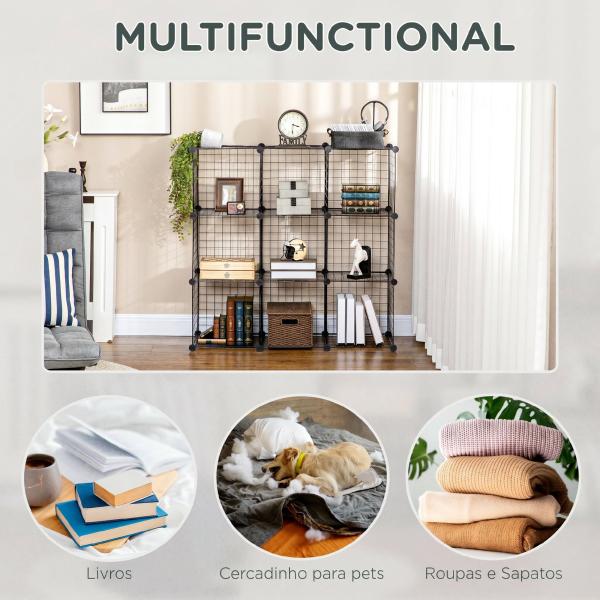 Estante Modular de 9 Cubos em Arame DIY, Organizador Multiusos para Sala, Preta