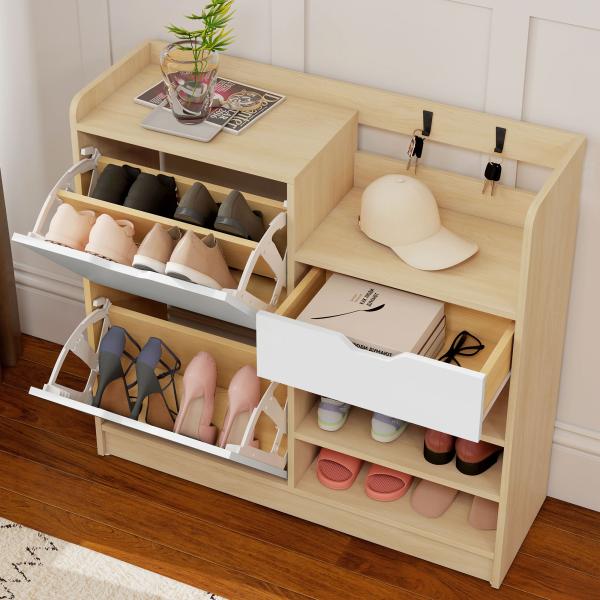 Sapateira Estreita com Prateleiras Ajustáveis Gaveta e 4 Ganchos para 14 Pares de Sapatos 93x30x90 cm Madeira e Branco