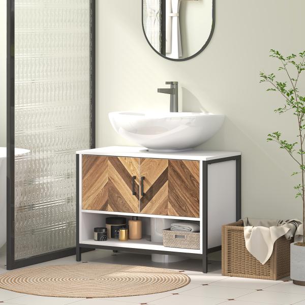 Móvel para Lavatório Pousar Móvel Casa de Banho com 2 Portas e Compartimento Aberto para Lavatório com ou sem Pedestral 80x40x60 cm Branco e Madeira