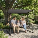 Baloiço de Jardim de 3 Lugares com Teto Ajustável UPF50+ 2 Bandejas Almofadas e Estrutura em Metal 222x131x175 cm Cinza