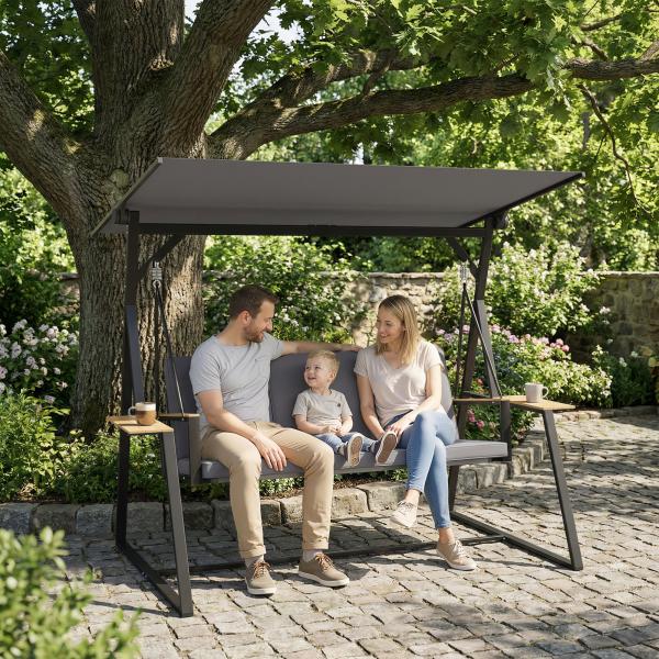 Baloiço de Jardim de 3 Lugares com Teto Ajustável UPF50+ 2 Bandejas Almofadas e Estrutura em Metal 222x131x175 cm Cinza