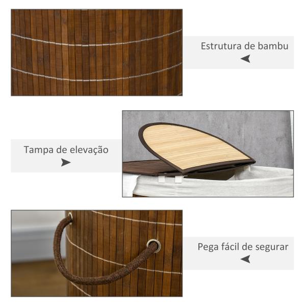 Cesto de Roupa de Bambu Capacidade de 100L Cesto para Roupa Suja com Bolsa de 2 Compartimentos 62,5x37x60,5cm Marrom