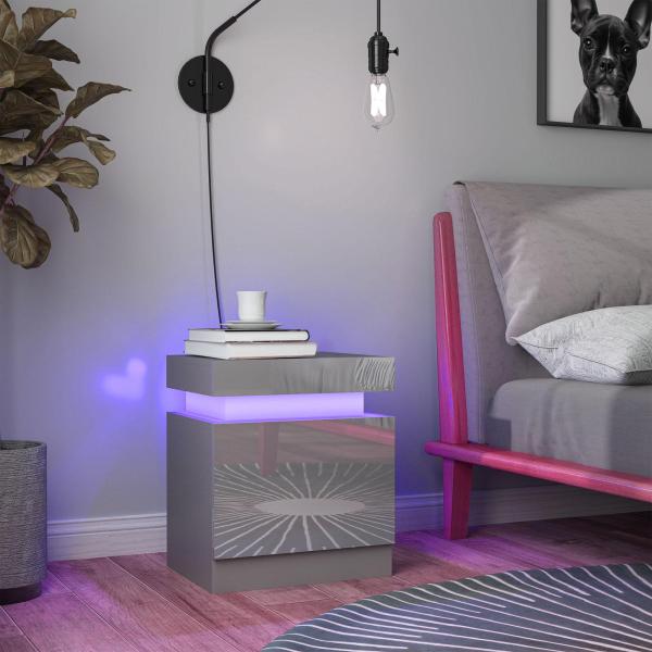 Mesa de Cabeceira com Luz LED Painel de Alto Brilho 2 Gavetas e Controlo Remoto para Dormitório 45x35x52 cm Cinzento