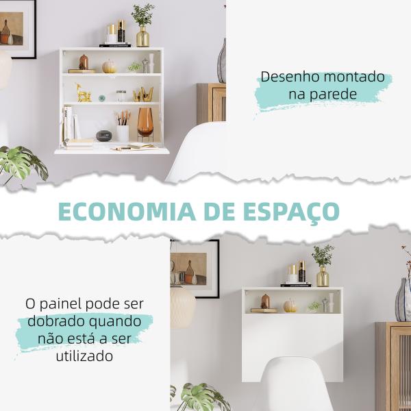 Secretária de Parede Pequena Dobrável com Prateleiras de Armazenamento Multifuncional Moderna para Estúdio Escritório Quarto Branco 64x20x60 cm