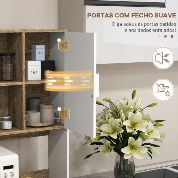 Armário de Cozinha Alto com 4 Portas, Prateleiras Ajustáveis, Gaveta e Compartimentos Abertos, 98x39x180 cm, Branco e Natural