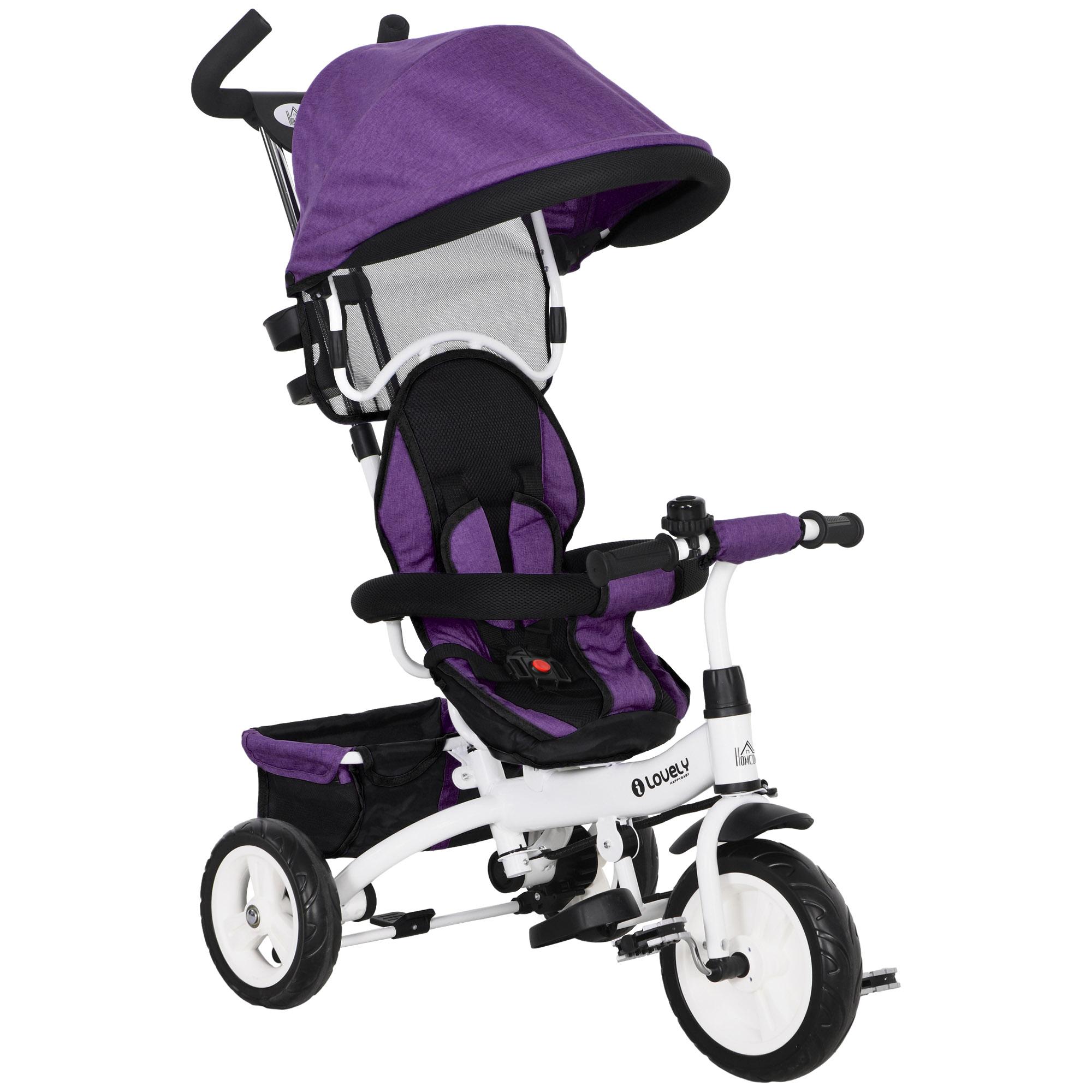 Triciclo Evolutivo para Bebés de +12 Meses 2 em 1 com Toldo Dobrável Guiador Cinto de Segurança e Cesto 95x50x106 cm Roxo