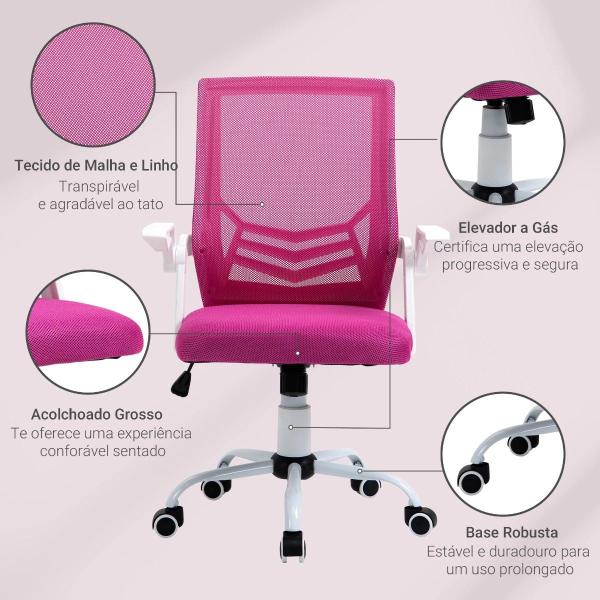 Cadeira de Escritório Ergonômica Giratória com Altura Ajustável Apoio para os Braços Dobrável Suporte Lombar e Encosto Transpirável 62,5x55x94 - 104cm Rosa