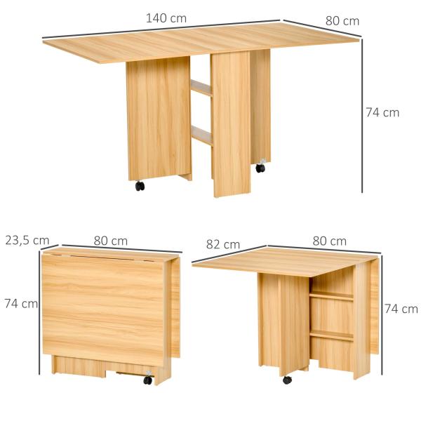 Mesa de Sala de Jantar Dobrável com Rodas Mesa Multifuncional para Sala de Jantar com 3 Formas 140x80x74cm Madeira