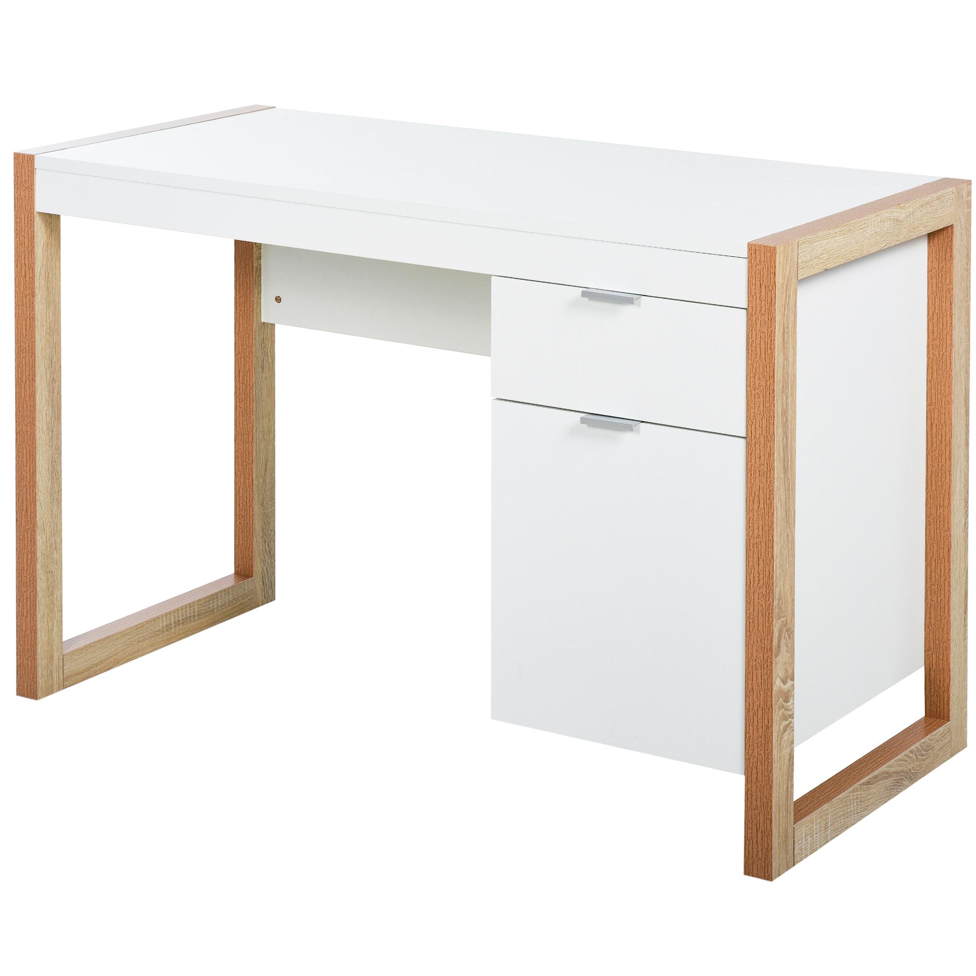 Mesa de Computador com Gaveta Armário Pés em Forma Retangular112,5x50x75,5 cm Branco e Madeira