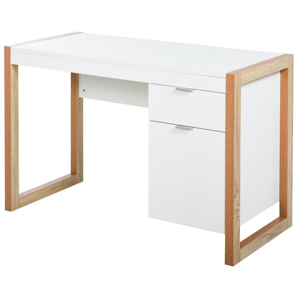 Mesa de Computador com Gaveta Armário Pés em Forma Retangular112,5x50x75,5 cm Branco e Madeira