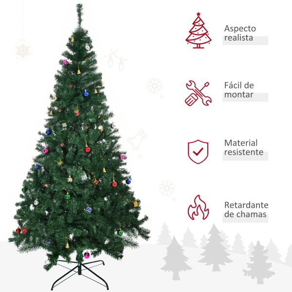 Árvore de Natal Artificial 210cm Ignífugo com 1036 Ramos 53 Decorações Folhas de PVC e Suporte Metálico Verde