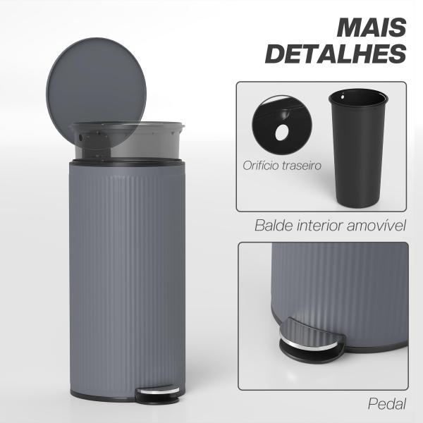 Balde do Lixo para Cozinha com Pedal 30L Cubo de Lixo Metálico com Tampa de Fecho Suave e Balde Removível 36x30x60,5 cm Cinza
