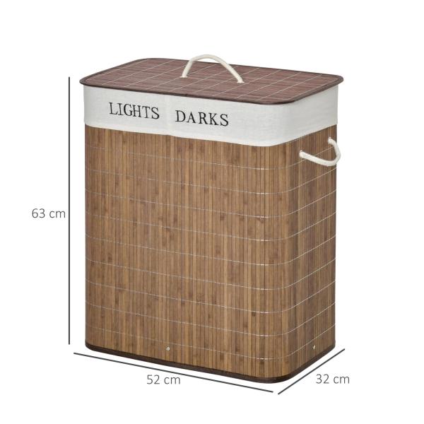 Cesto de Roupa de Bambú Capacidade de 100L Cesta para Roupa Suja Retangular com Tampa Removível Bolsa com 2 Compartimentos 52x32x63cm Marrom