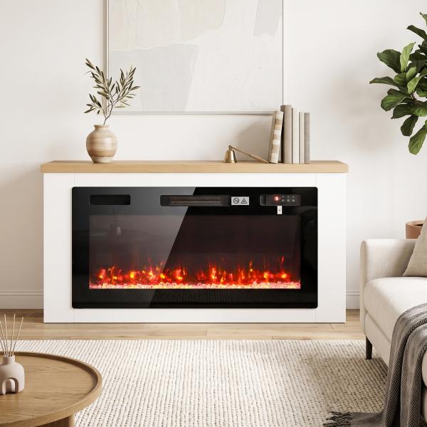 Lareira Elétrica de Pé 900/1800 W com Móvel para TV até 55", 12 Cores de Chama 3D, 5 Níveis de Brilho, Comando à Distância, para 35 m², Branco