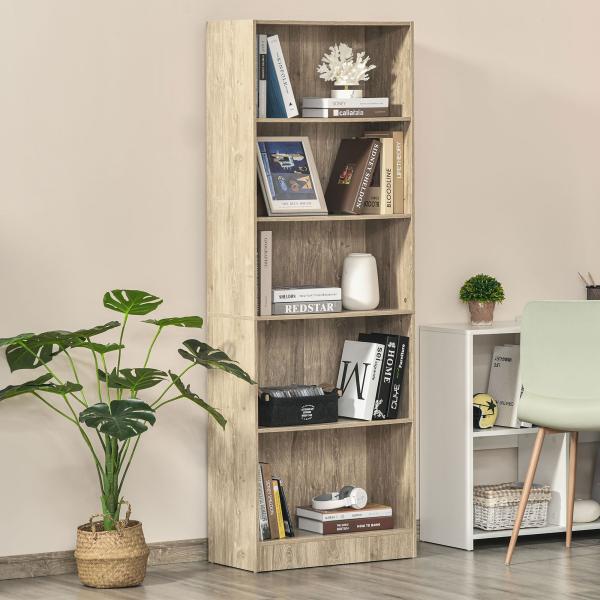 Estante para Livros de 5 Níveis com Prateleira Ajustável e Desenho Anti - Tombo Estante de Armazenamento 63x29,5x176 cm Madeira