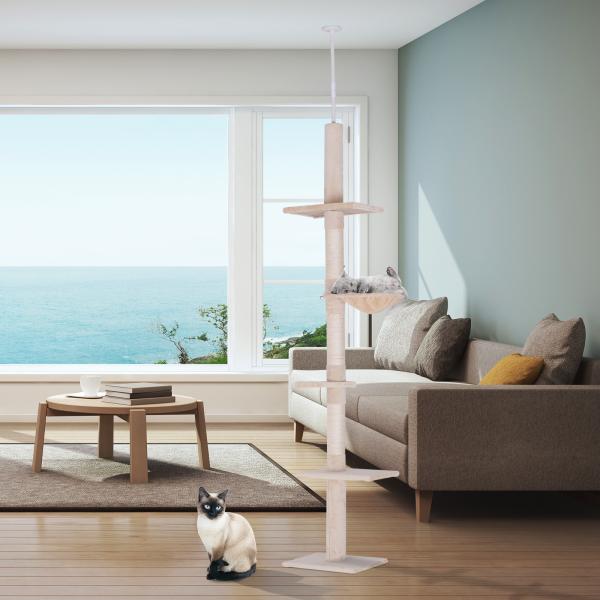 Árvore Arranhadora para Gatos Arranhador para Fixar ao Teto Altura Ajustável com Plataformas Poste de Sisal 40x34x230 - 260cm Bege