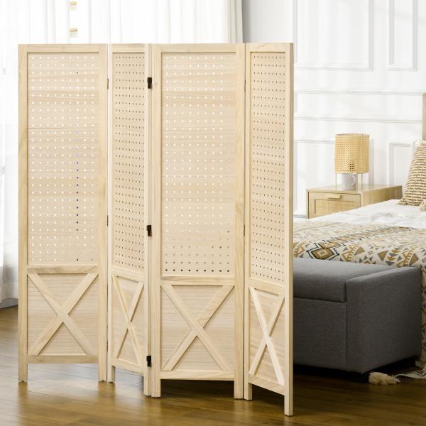 Biombo de 4 Painéis Separador de Ambientes Dobrável 152x1,7x144,5 cm Painéis com Orifícios para Pendurar Madeira
