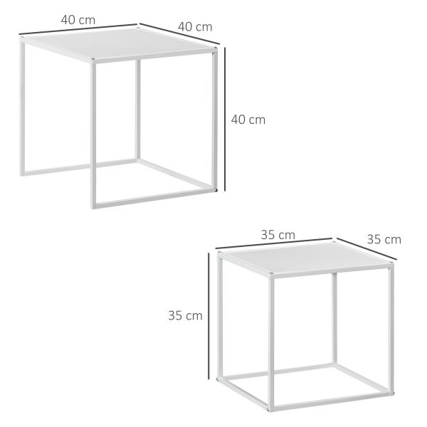 Conjunto de 2 Mesas Mesas de Centro Quadradas para Sala de Estar Estrutura de Aço Grande 40 cm Pequena 35 cm Branco