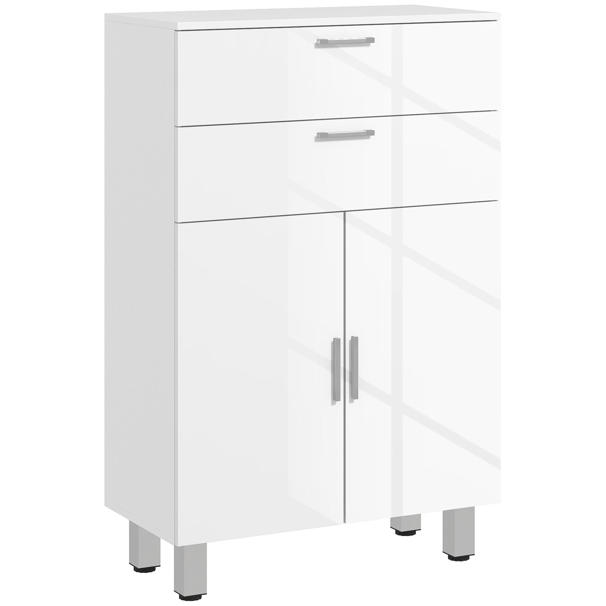 Móvel Auxiliar Casa de Banho 2 Gavetas e Armário Prateleiras Ajustáveis 60x30x93 cm Branco