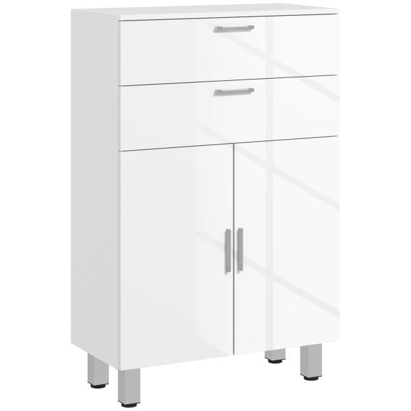 Móvel Auxiliar Casa de Banho 2 Gavetas e Armário Prateleiras Ajustáveis 60x30x93 cm Branco