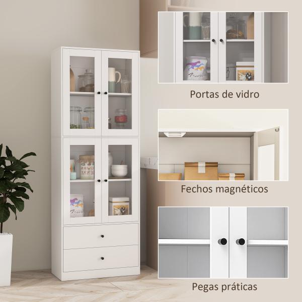 Armário de Cozinha Alto Móvel Auxiliar de Cozinha com 4 Portas de Vidro 2 Gavetas Prateleiras Ajustáveis 59x30x170 cm, Branco