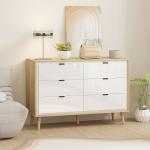 Cómoda 6 Gavetas Cómoda Quarto com Pernas de Madeira Estilo Moderno 110x40x75 cm Branco Brilhante e Carvalho