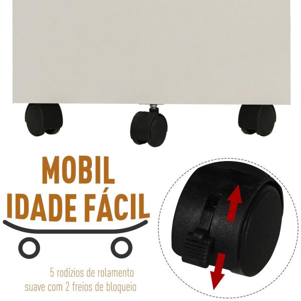 Bloco de Gavetas de Madeira Móvel para Arquivos no Escritório com 5 Rodas para Escritório Secretaria 40x49x58 cm Branco