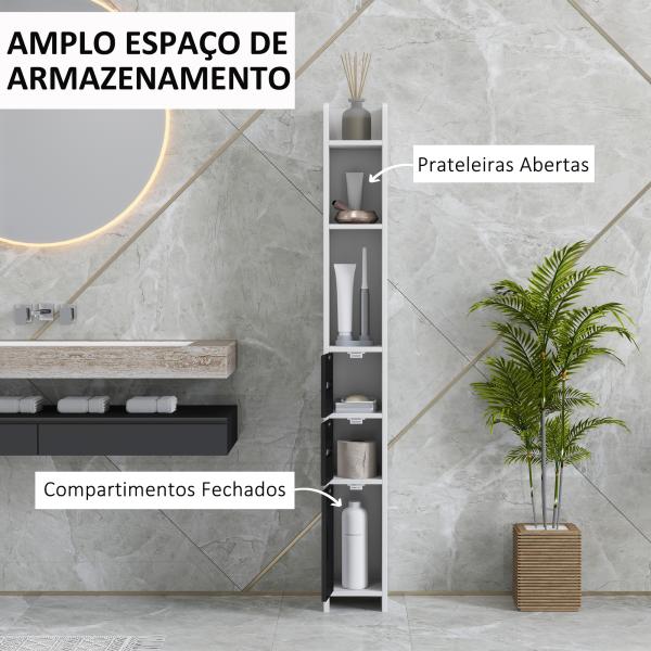Coluna Casa de Banho com 3 Portas e 3 Prateleiras Abertas Coluna Auxiliar Estilo Moderno 15x17x120 cm Branco e Preto