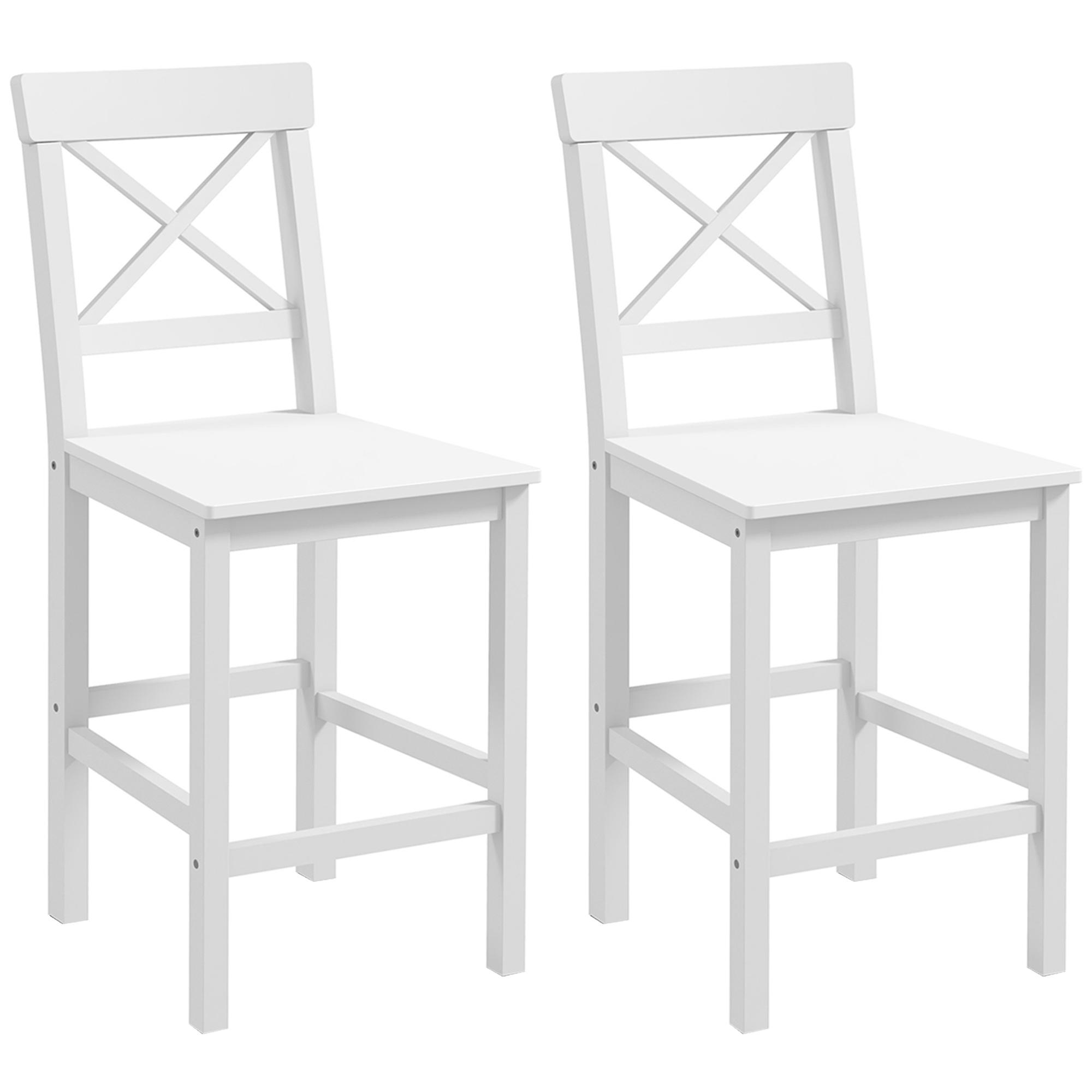 Conjunto de 2 Bancos Altos de Cozinha Bancos de Bar de Madeira com Apoio para os Pés e Encosto Cruzado Carga Máxima 120 kg Branco