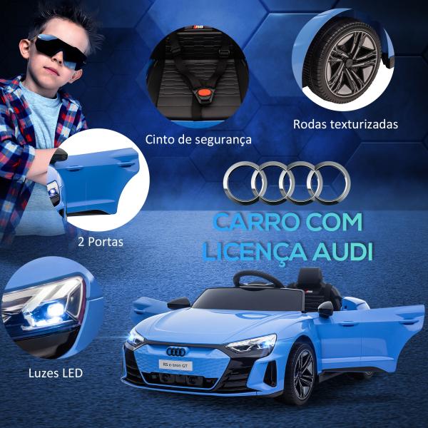 Carro Elétrico AUDI RS E - Tron GT 12V com 2 Motores Controlo Remoto Faróis LED Buzina Música USB 3 - 5km/h 103x58x41cm Azul
